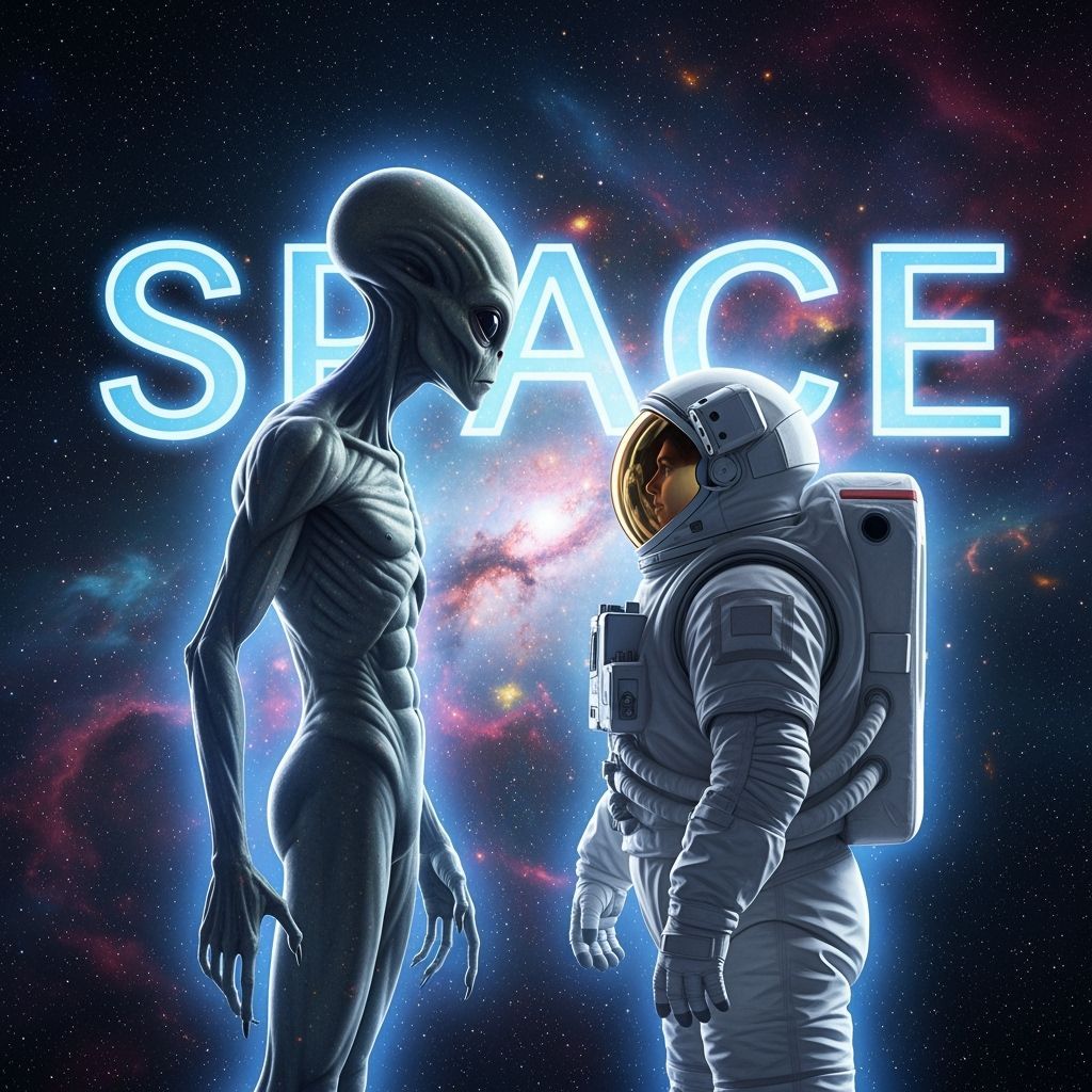 Alien and Astronaut Face Off in Cosmic Nebula