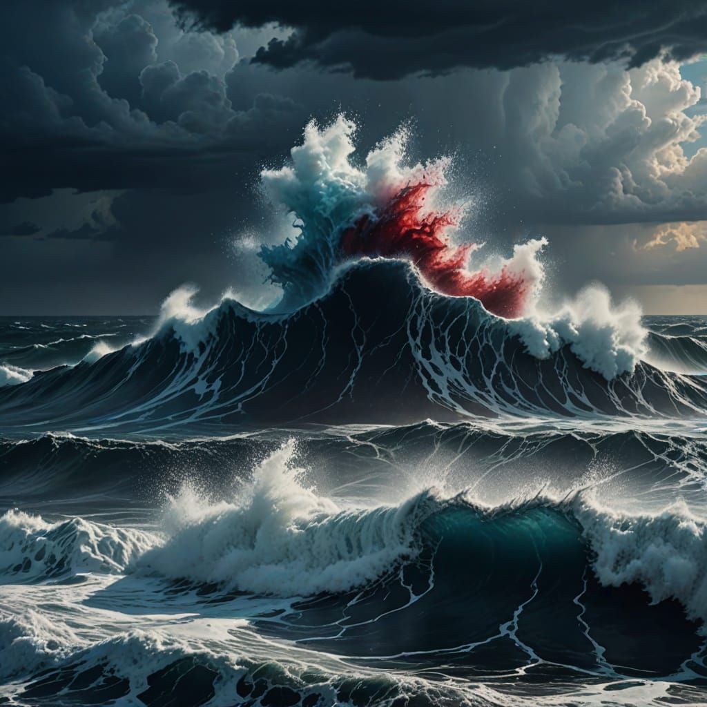 Epic Ocean Storm with Erupting Water in Crimson and Blue