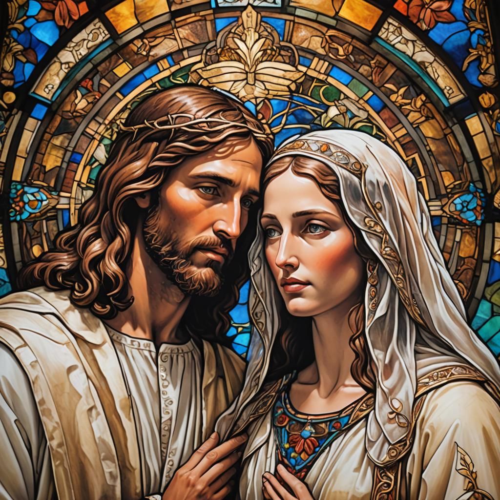 Illuminated Stained Glass Wedding Portrait of Jesus and Mary