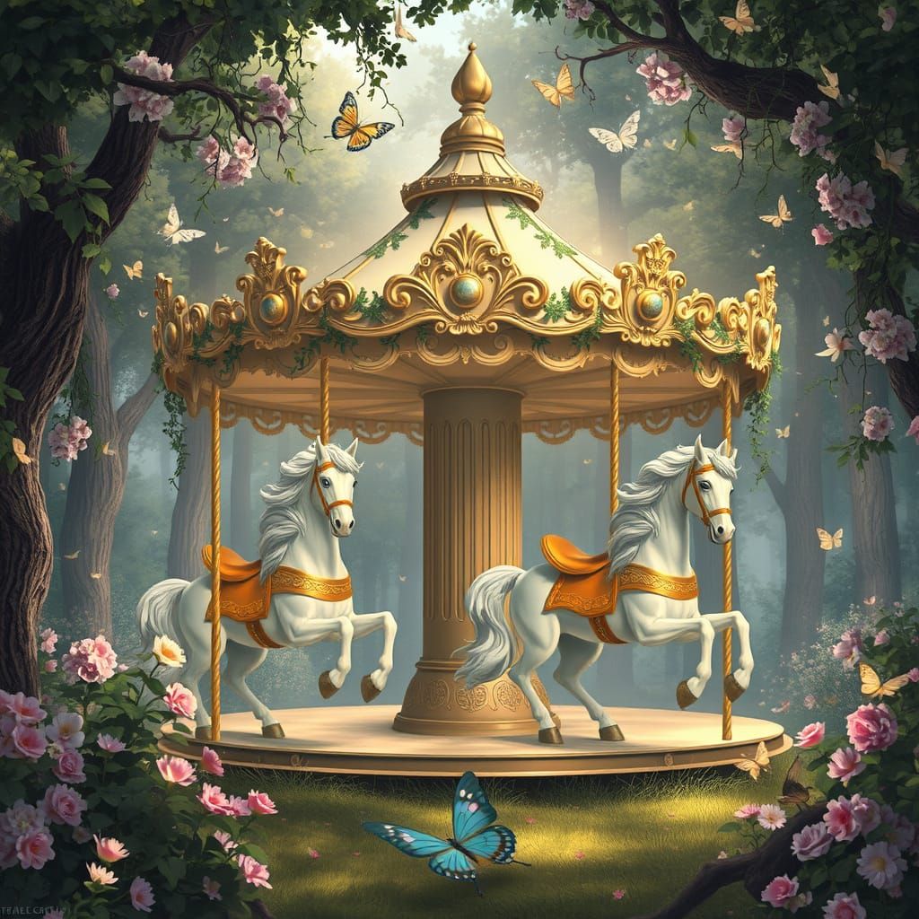 A dreamy, fairytale carousel in a forest clearing, adorned with hanging vines, blooming pastel flowers, and fluttering b...