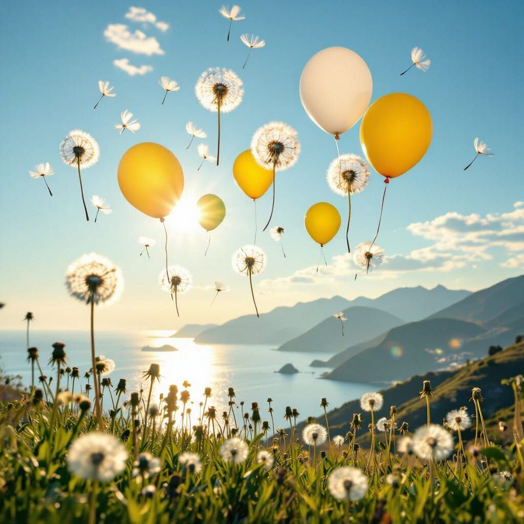 Dandelion Balloons Float Over Mountains and Coastline