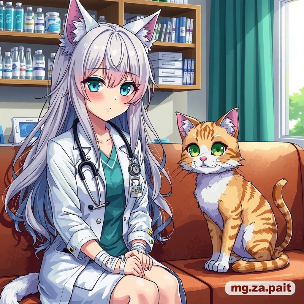 Anime Cat Girl Receives Bandage in Manga Style