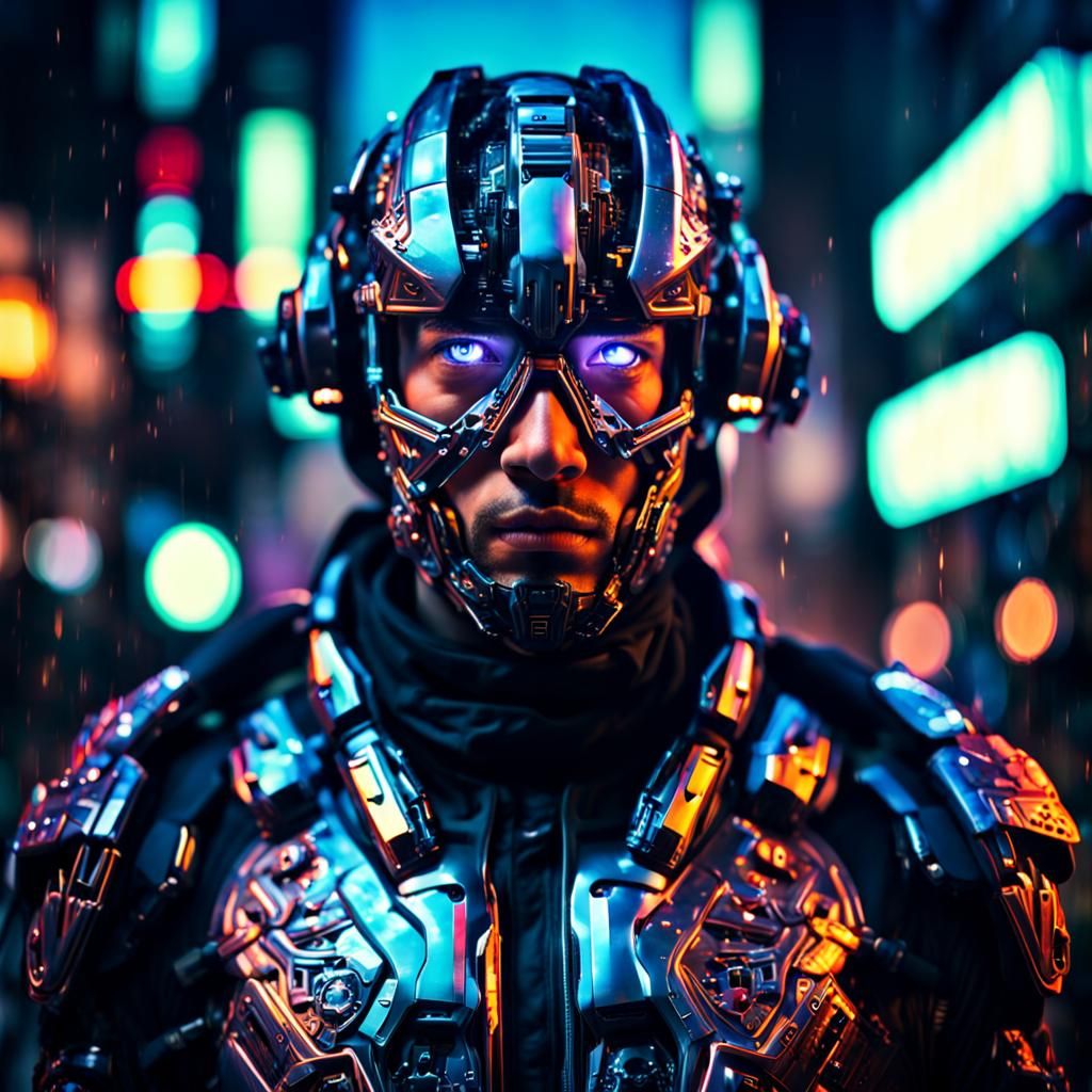 Cyborg in Neon City: Hyperrealistic Futuristic Portrait