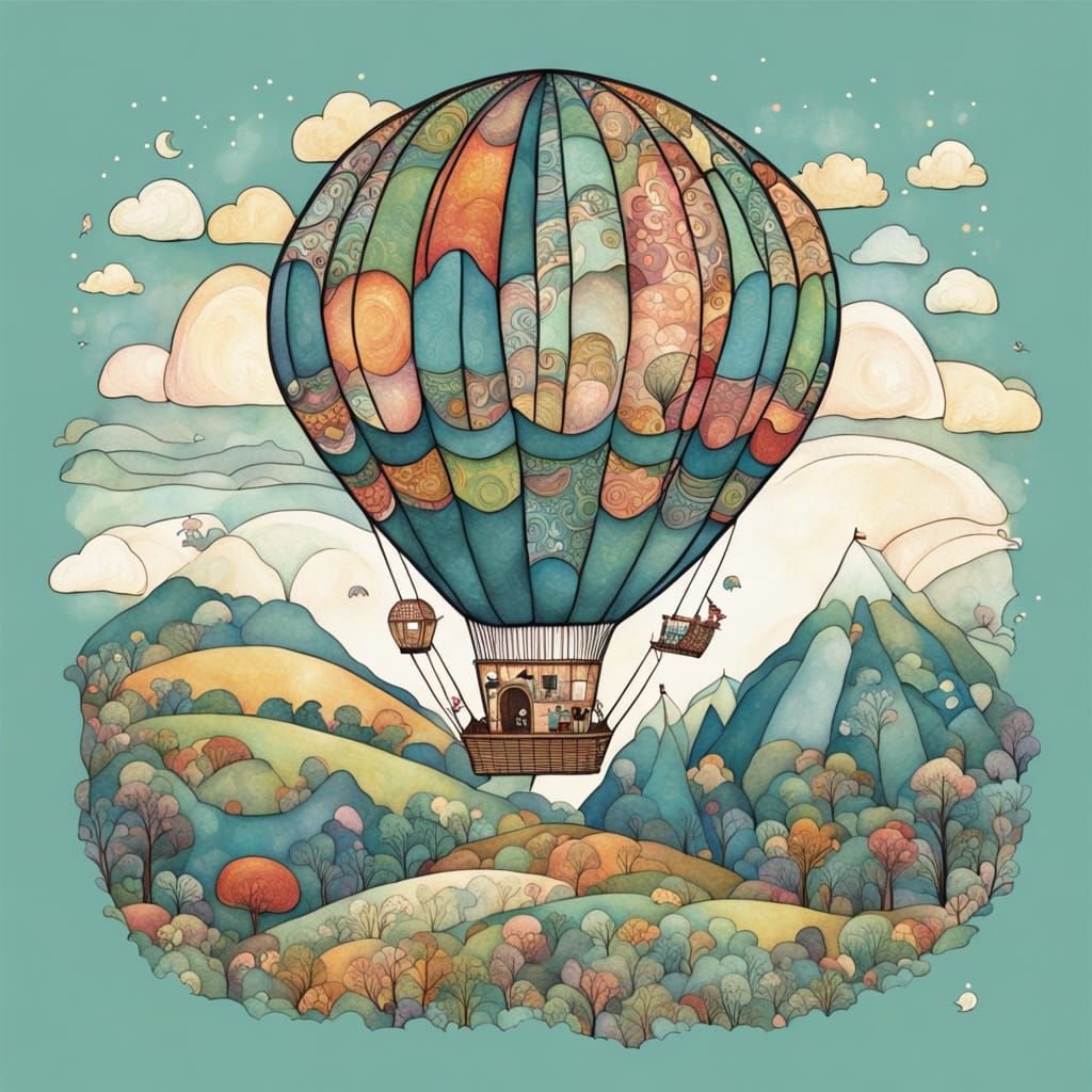 Whimsical Mushroom Hot Air Balloon Over Enchanted Hills