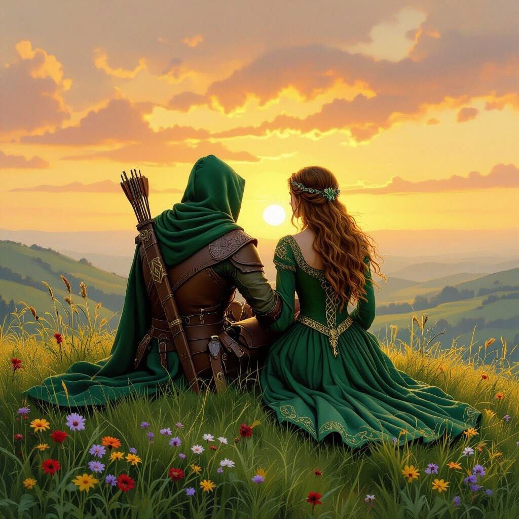 Archer and Lady on Green Hill at Sunset
