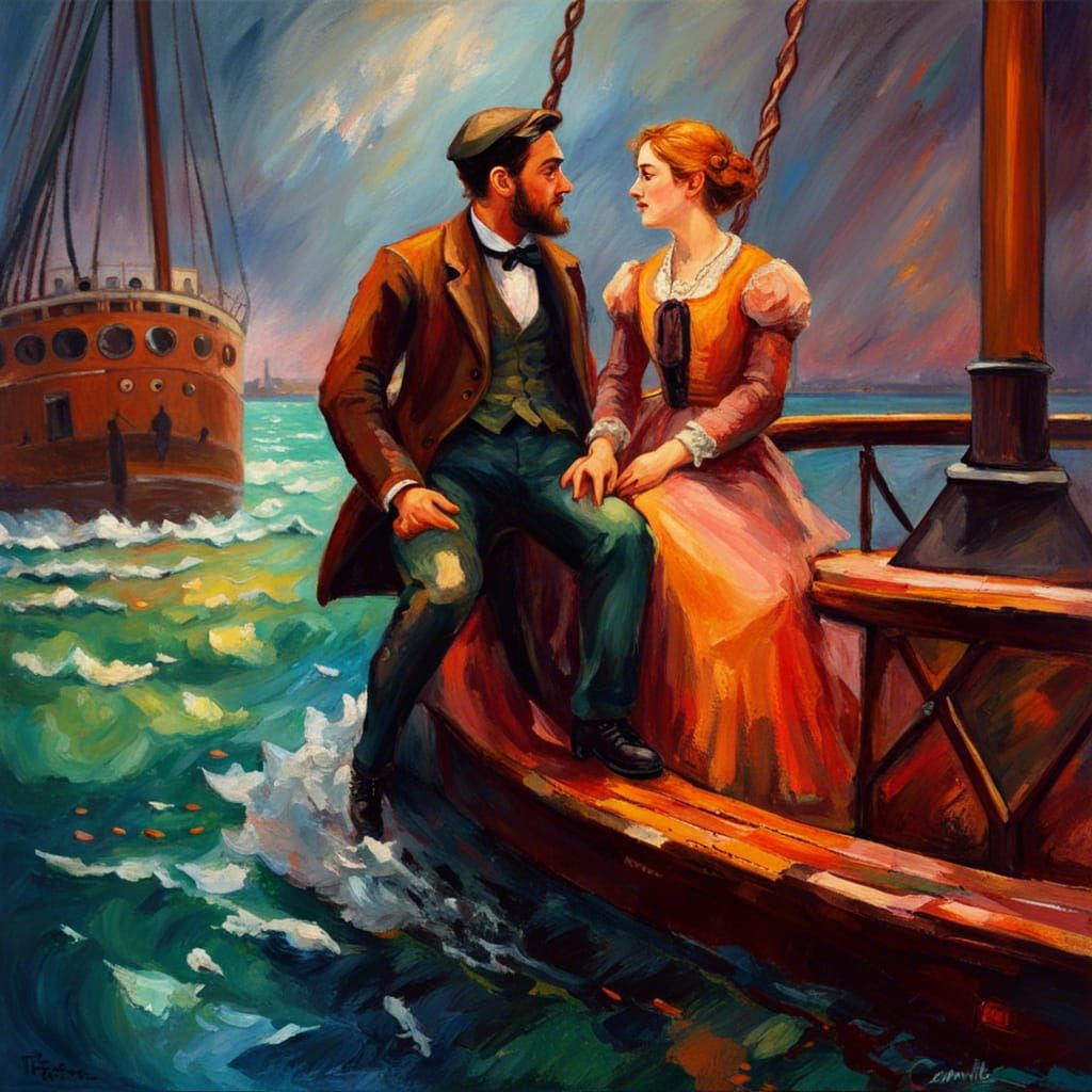 Jack and Rose Titanic Scene: Impressionistic Oil Painting