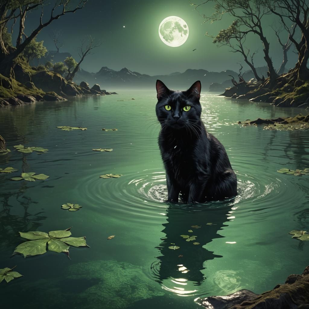 Black Cat in Moonlit Water: Fantasy Concept Art