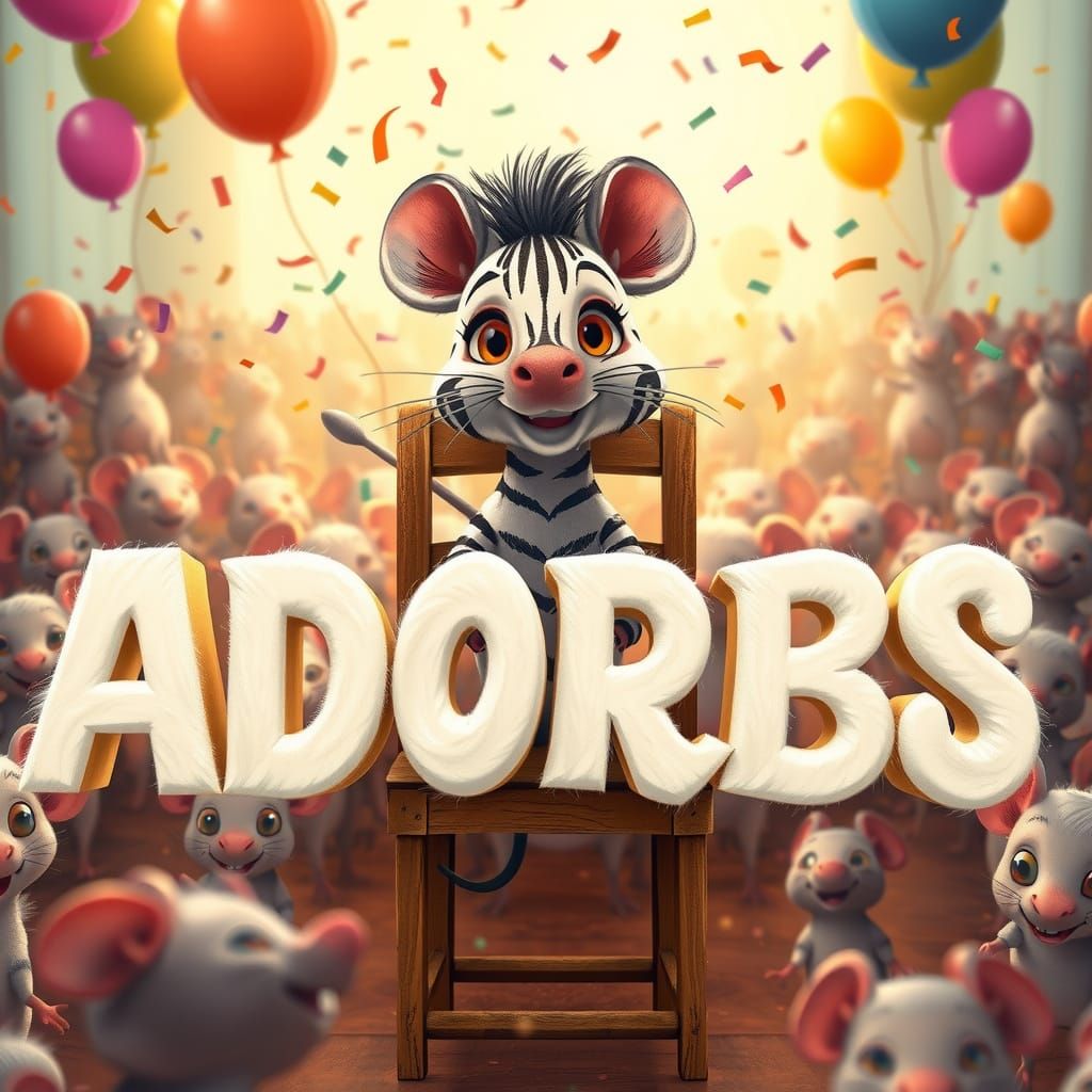 CARTOON text says "ADORBS" and conveys the logo in white font in paint with stunning clarity, the text is HAS A DEEP FUR...
