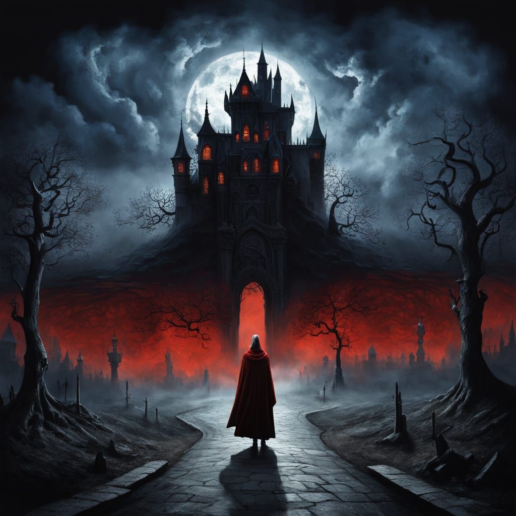 Surreal Island Landscape with Cloaked Figure