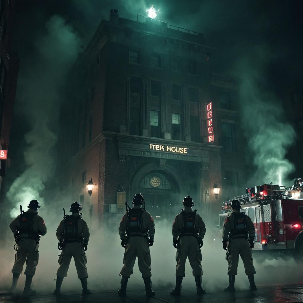 Ghostbusters at Firehouse in Neo-Noir Comic Style