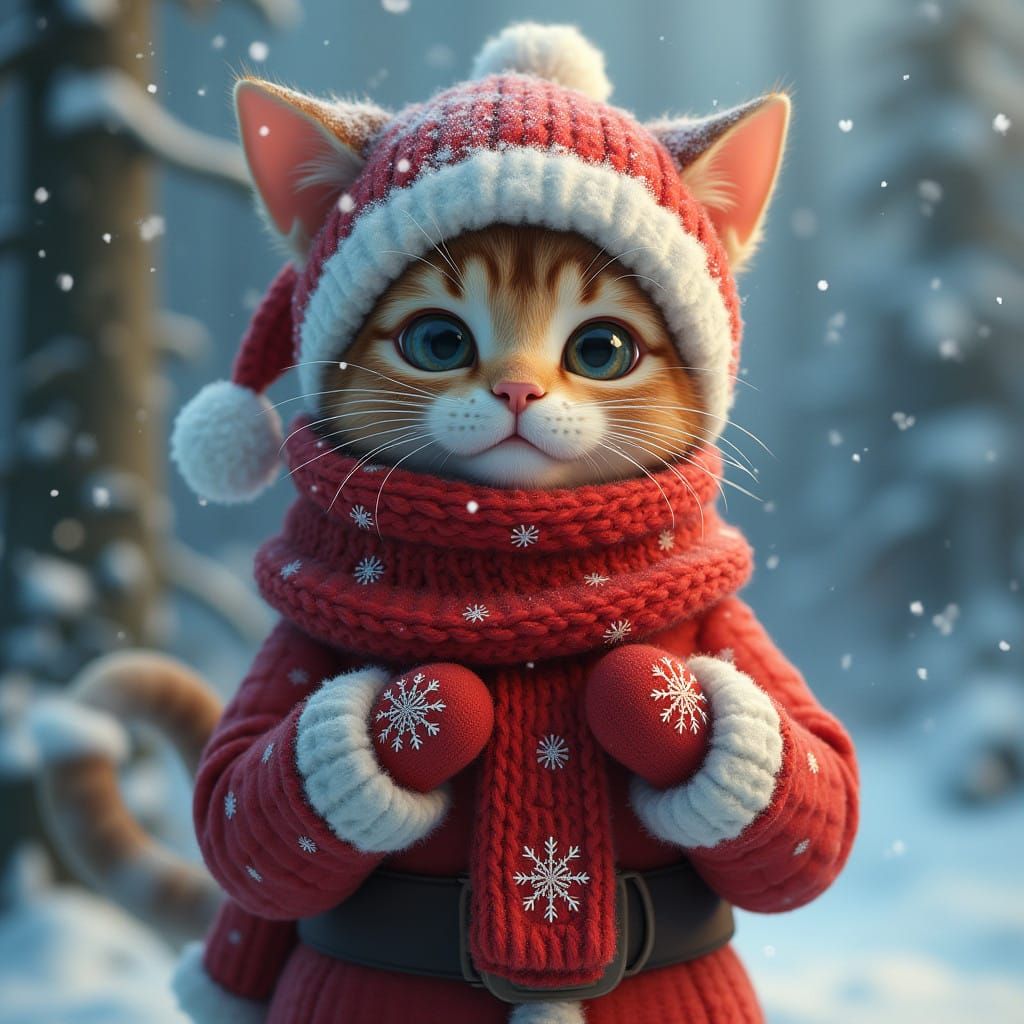 Whimsical Christmas Cat Girl in Winter Wonderland