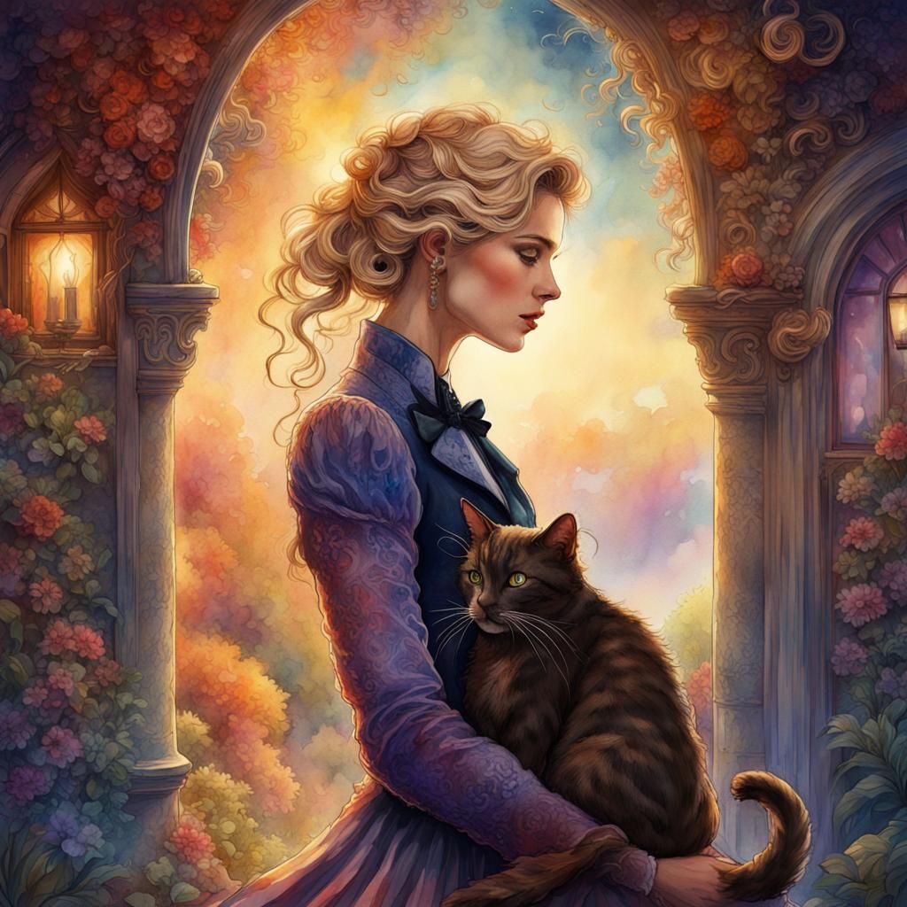 Woman with Cat in Rich Watercolor Silhouette