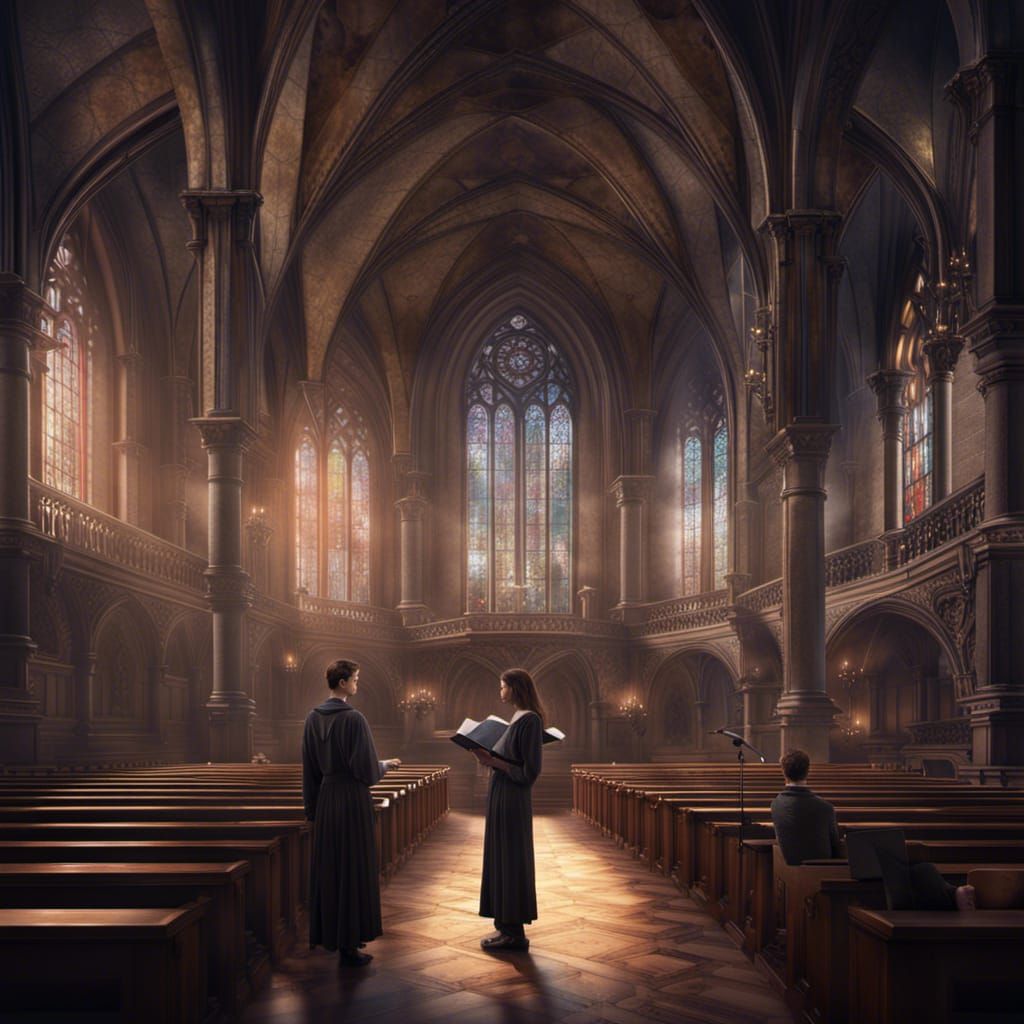 College Students Debating in Gothic Classroom: Fantasy Conce...