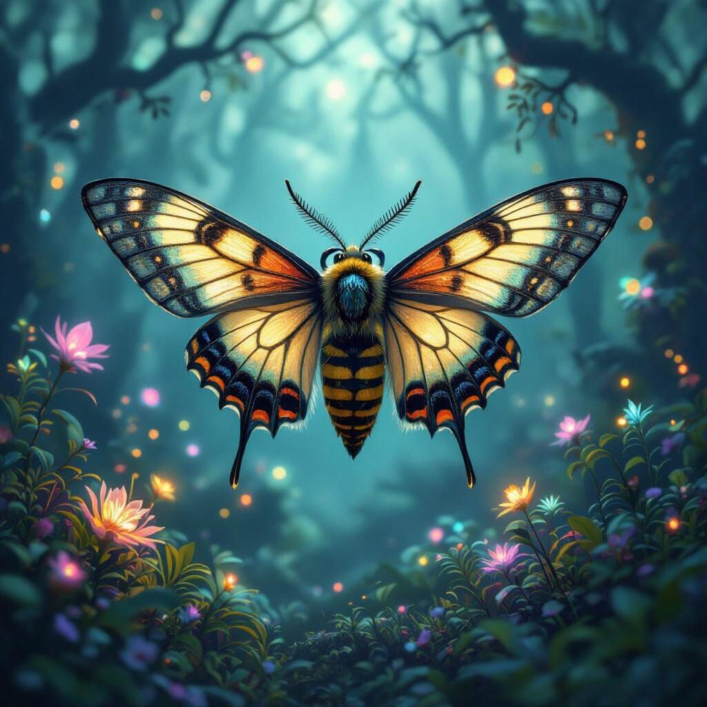 Moth Wasp Hybrid Creature in Bioluminescent Forest