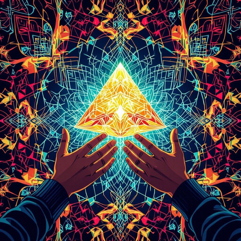 Hands Framing Luminous Pyramid in Abstract Fractal Art