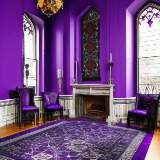 Gothic penthouse with vibrant purple tile wall with Blue accents& Black accents& Beautiful Gothic windows& luxurious pur...