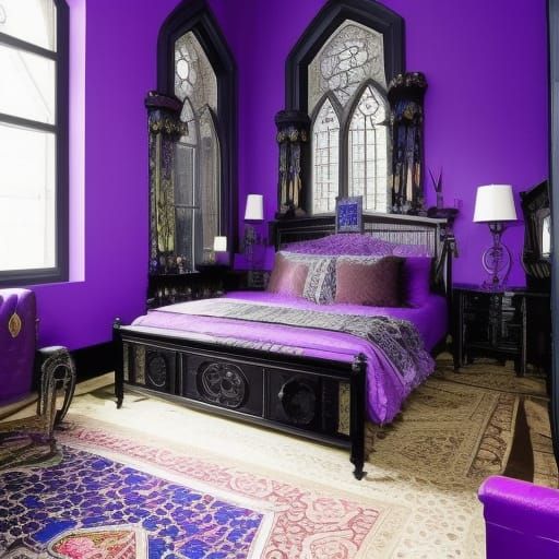 Gothic penthouse with vibrant purple tile wall with Blue accents& Black accents& Beautiful Gothic windows& luxurious pur...