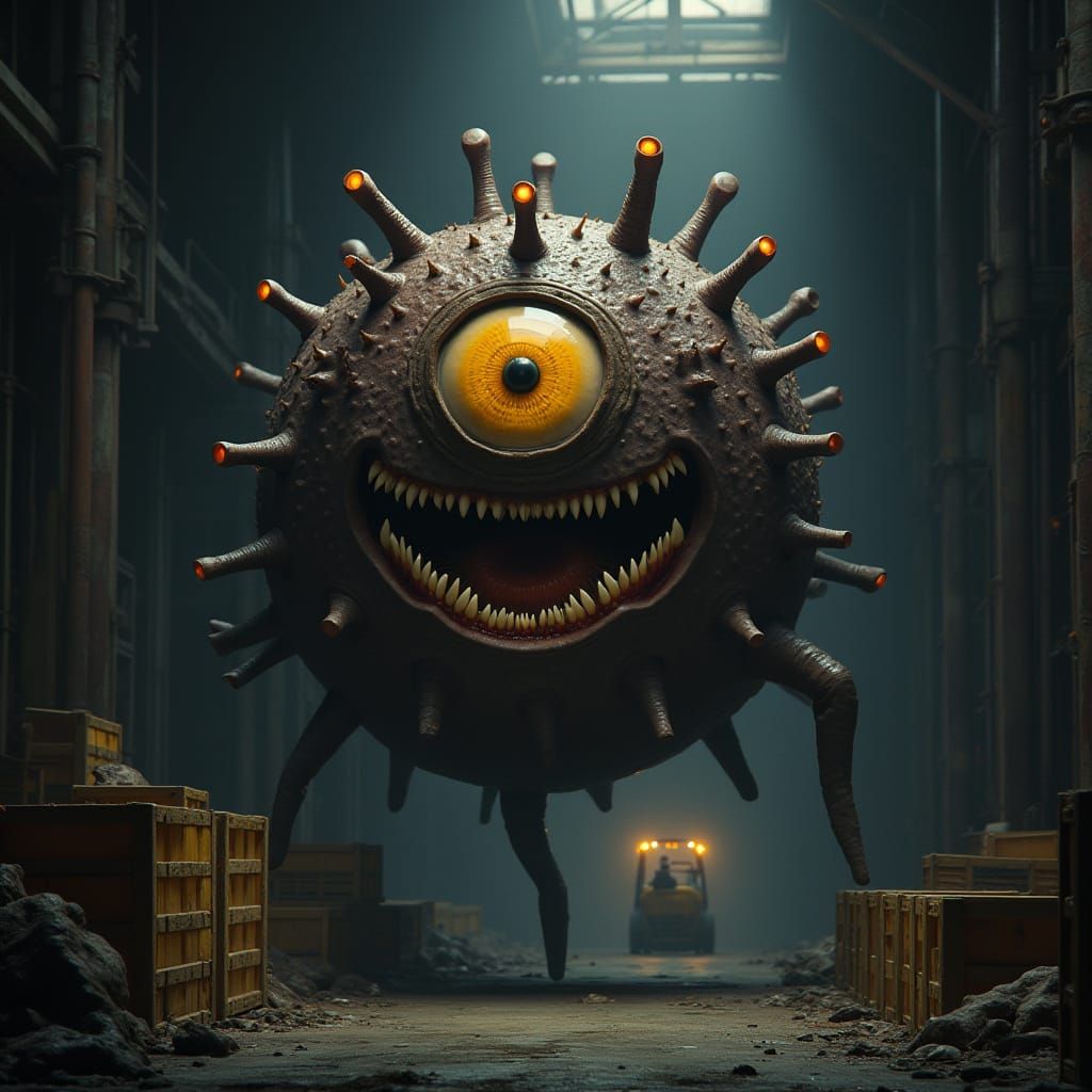 Hyper-Realistic Beholder in Industrial Chamber