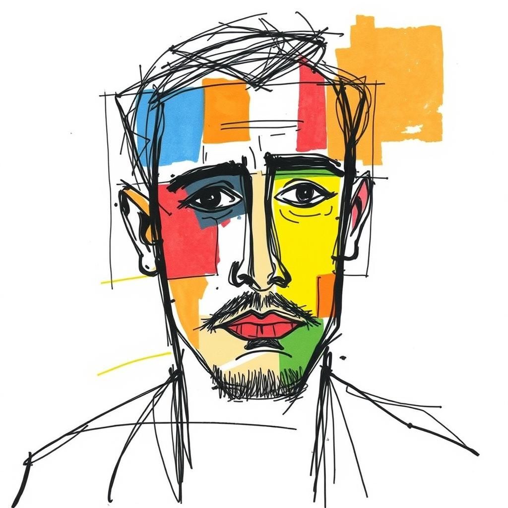 Cubist Sketch of Man's Face in Primary Colors