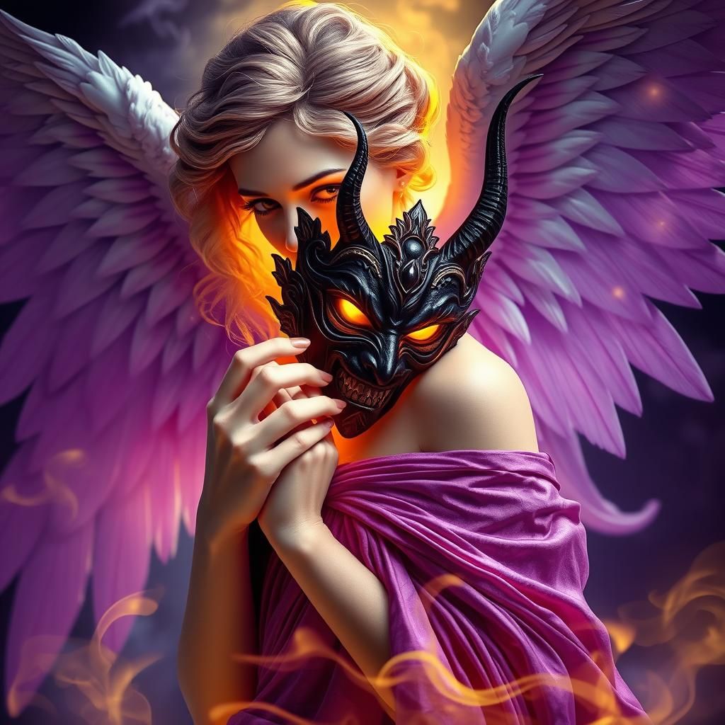 Angel Reveals Demon Mask in Dark Fantasy Style