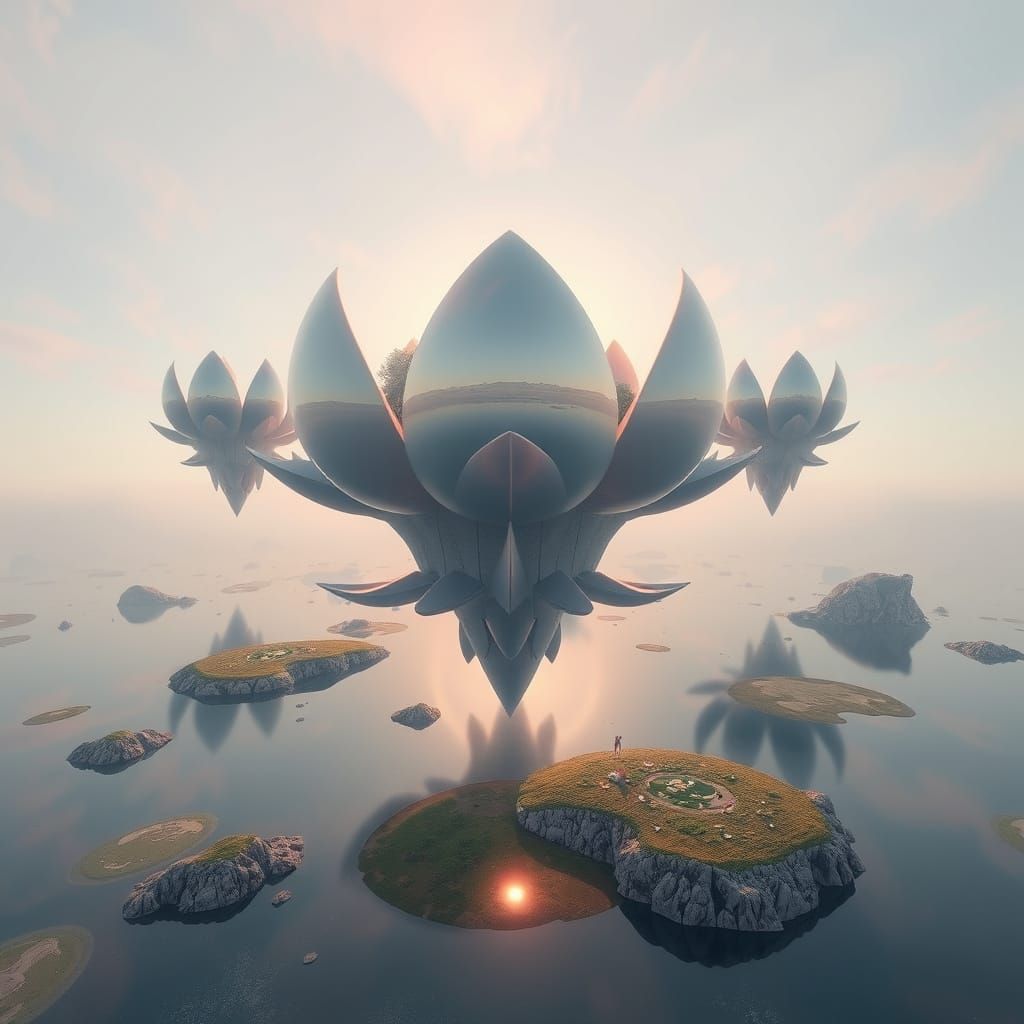Surreal Floating Islands with Mirrored Lotus Reflections