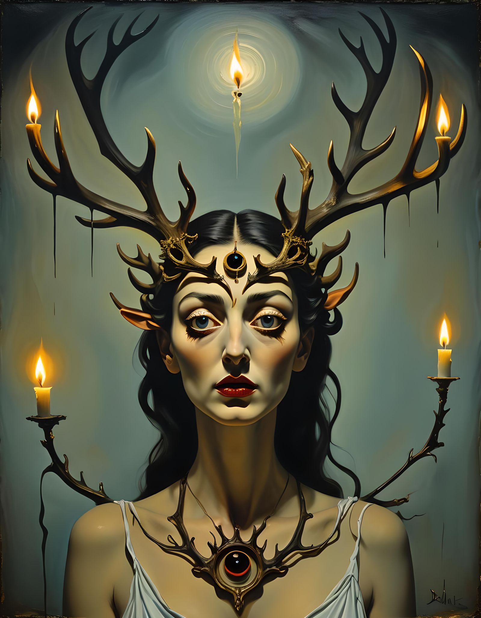 Antlered Girl with Third Eye in Impasto Style