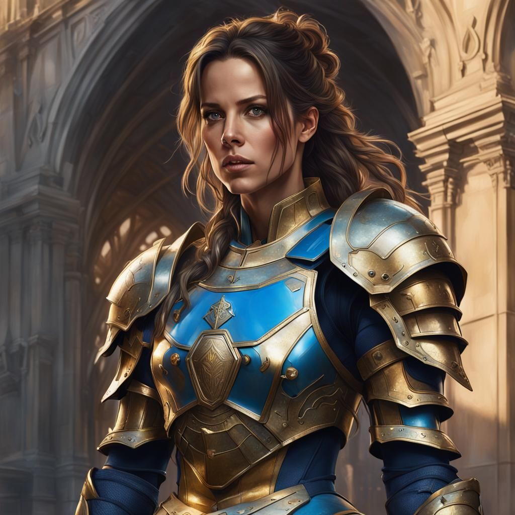Female Knight in Blue and Gold Armour