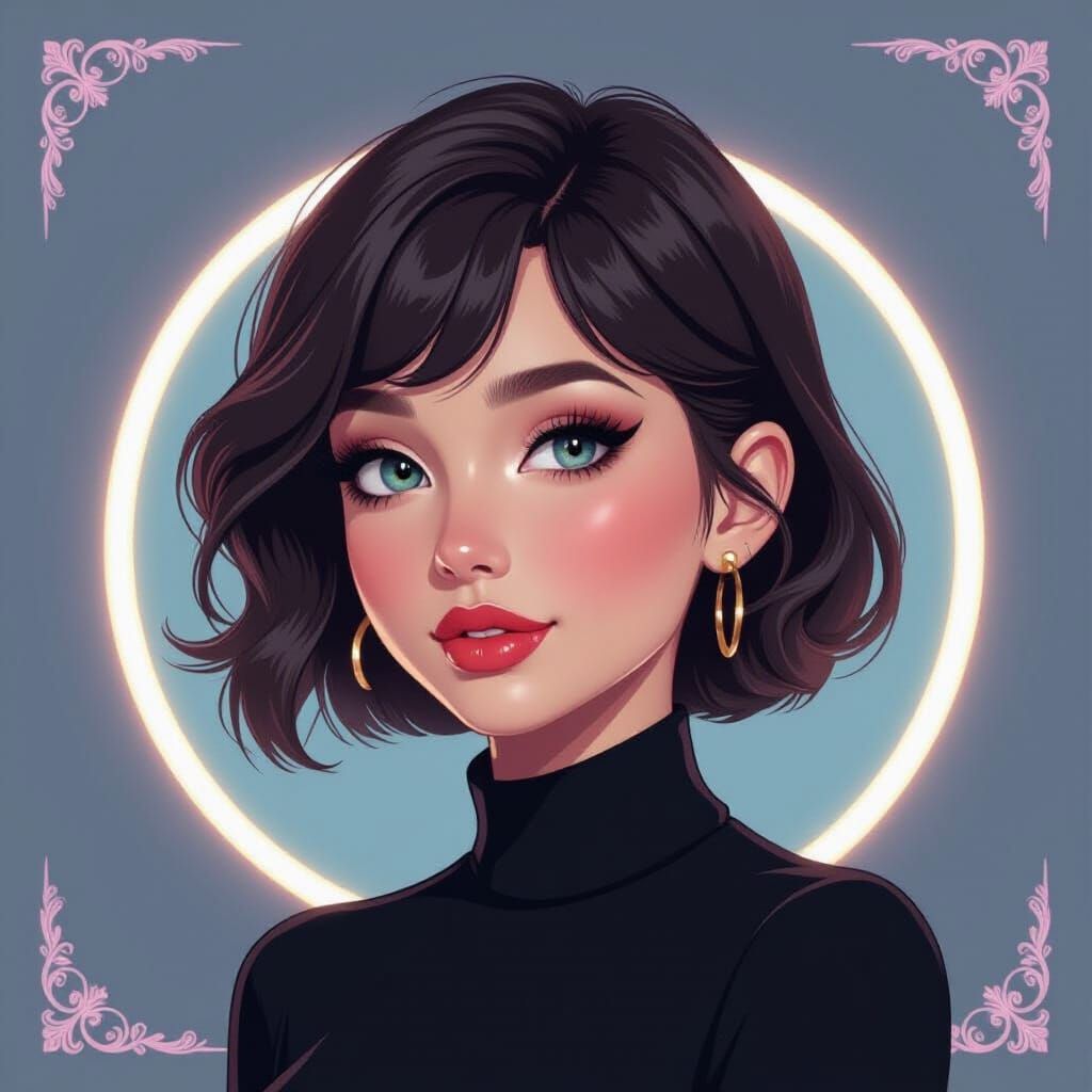 Cute Girl Portrait with Neon Outline and Pastel Landscape