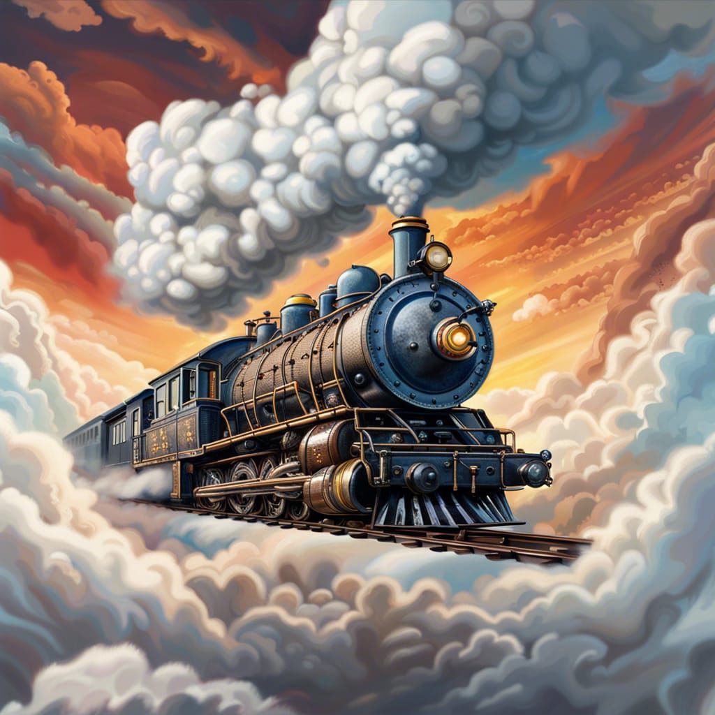 Steam Locomotive Flying Through Cumulus Clouds