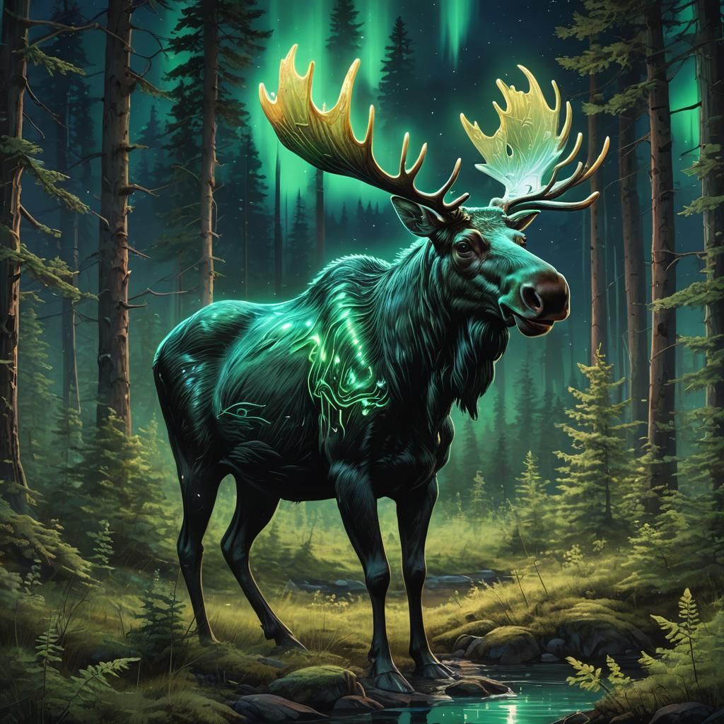Glowing Bioluminescent Moose Under Aurora Borealis