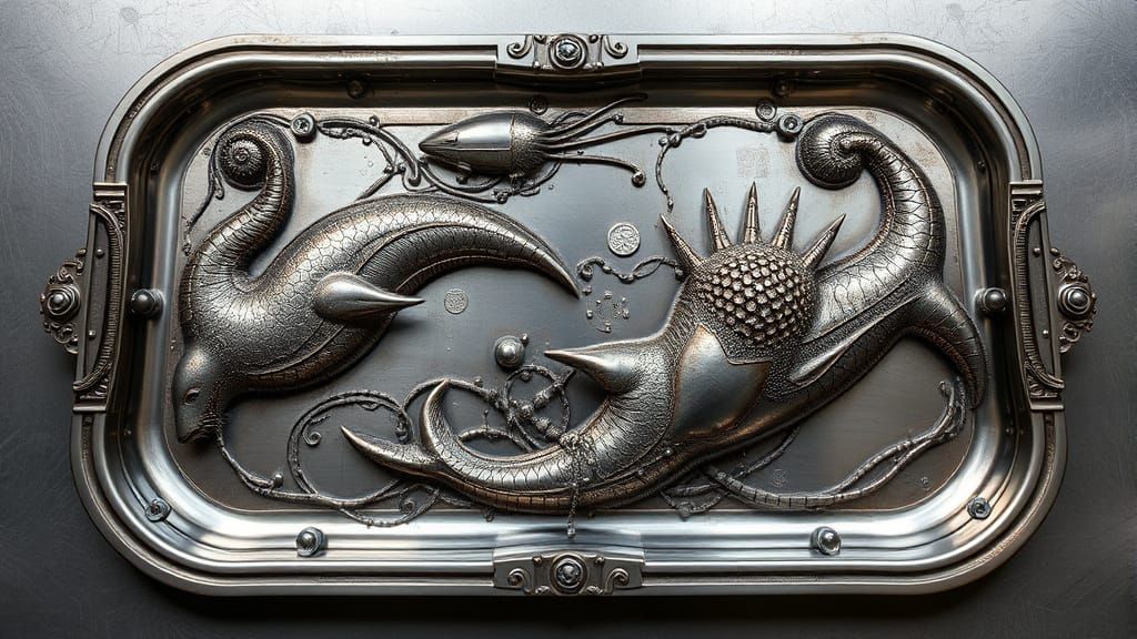 Seal Motifs on Steel Tray in Biomechanical Style