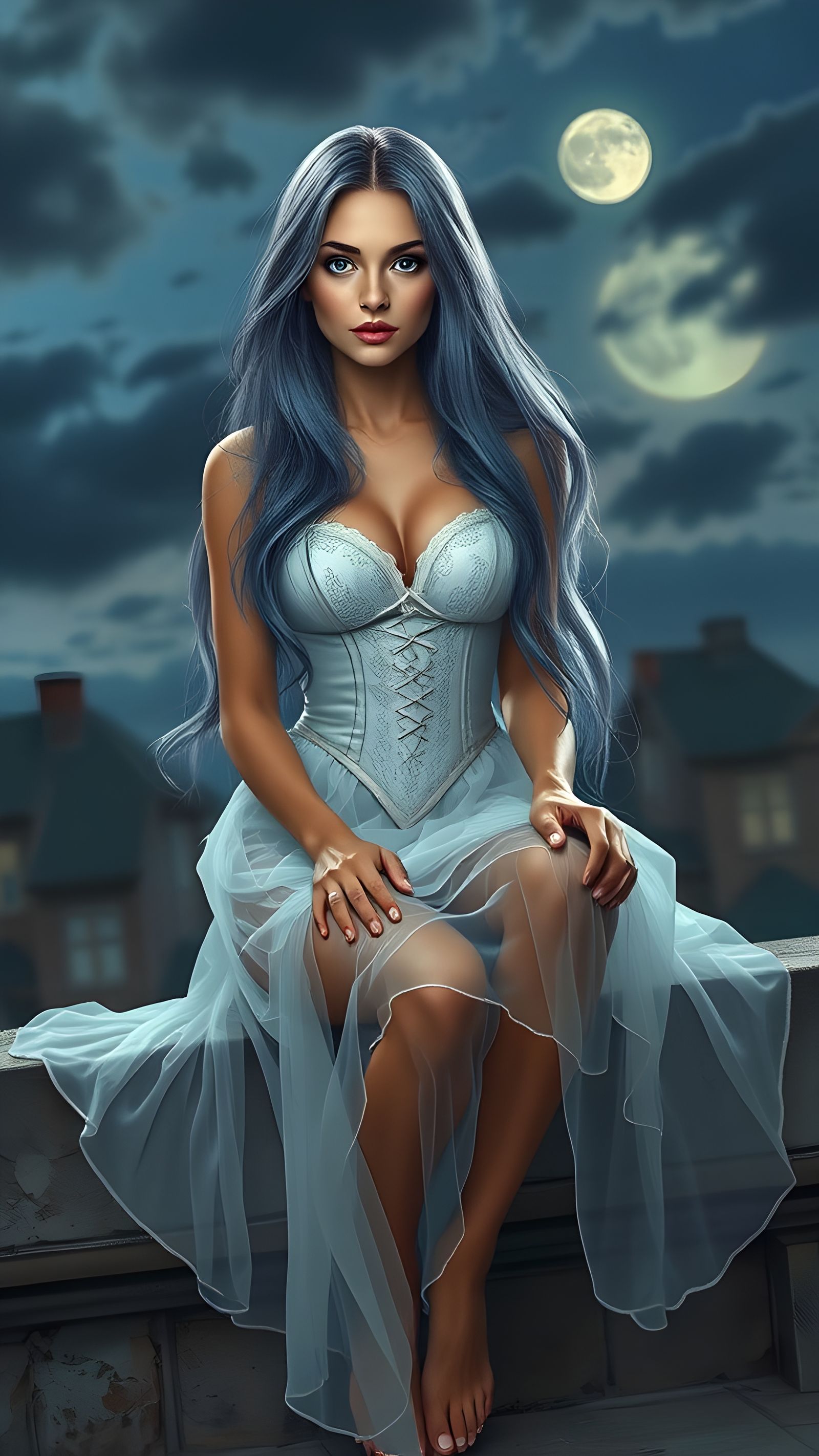 Ethereal Woman on Ledge with Flowing Hair