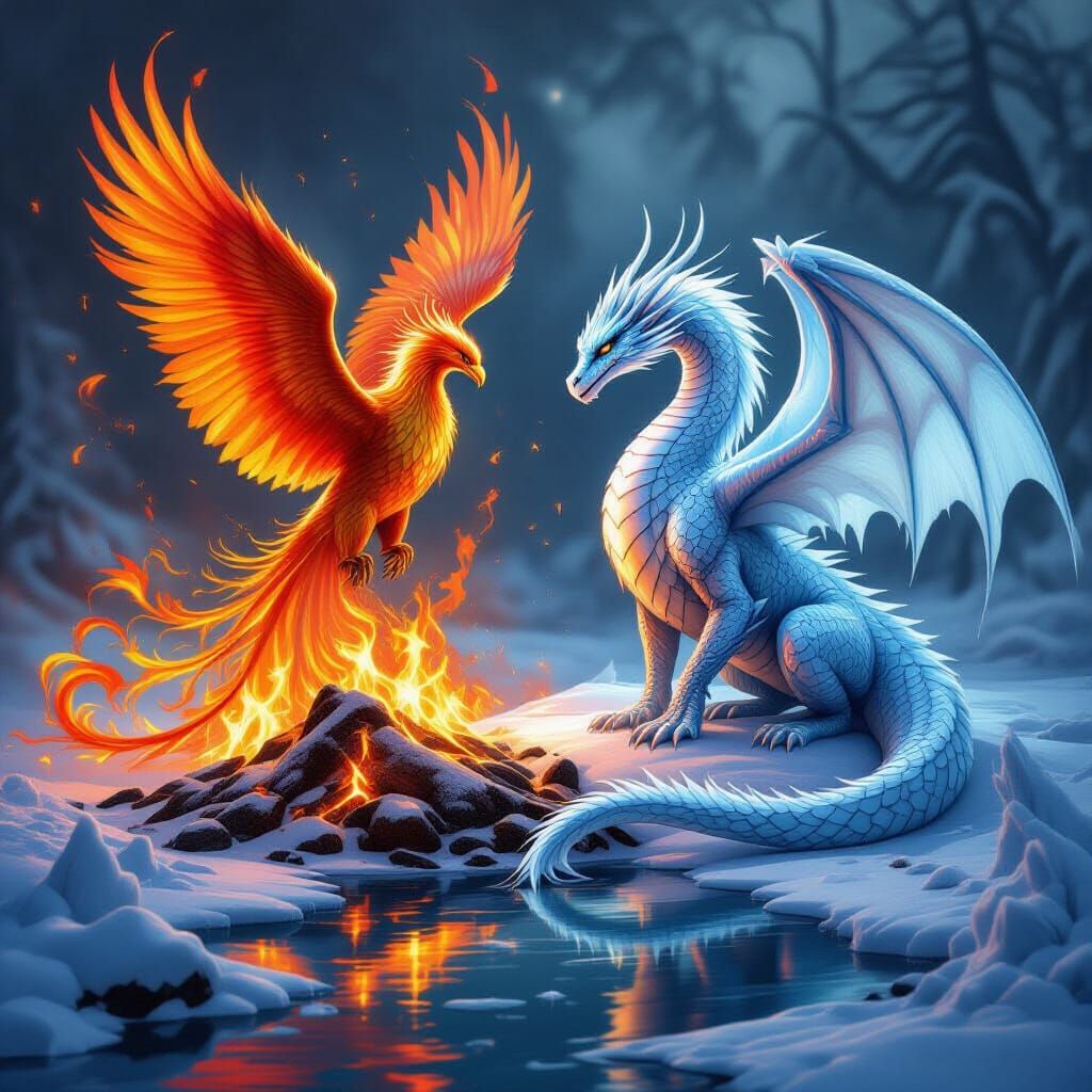 Phoenix Rises from Embers, Ice Dragon Coils on Frozen Lake