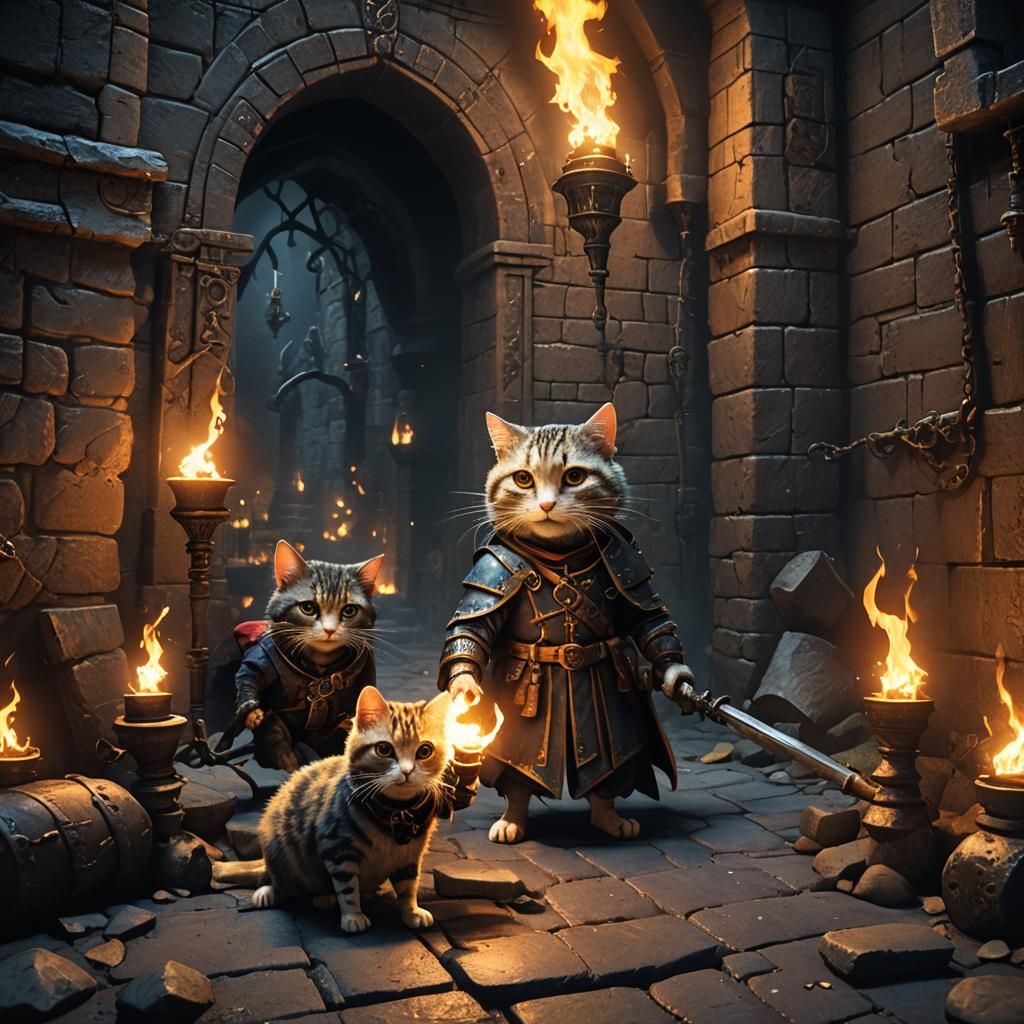 Mouse and Cat Explore Dark Dungeon: Fantasy Art