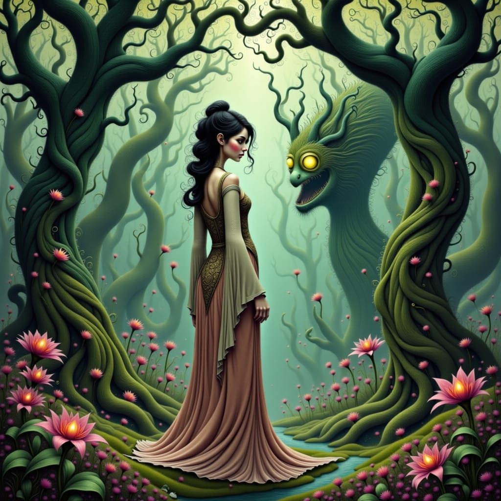 Mystical Forest Girl with Dragon Eyes in Flowing Silk Robes