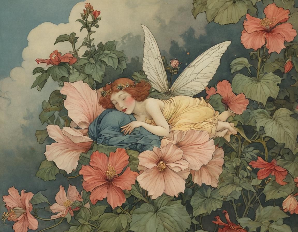 Winged Fairy Asleep in Hibiscus Blossom