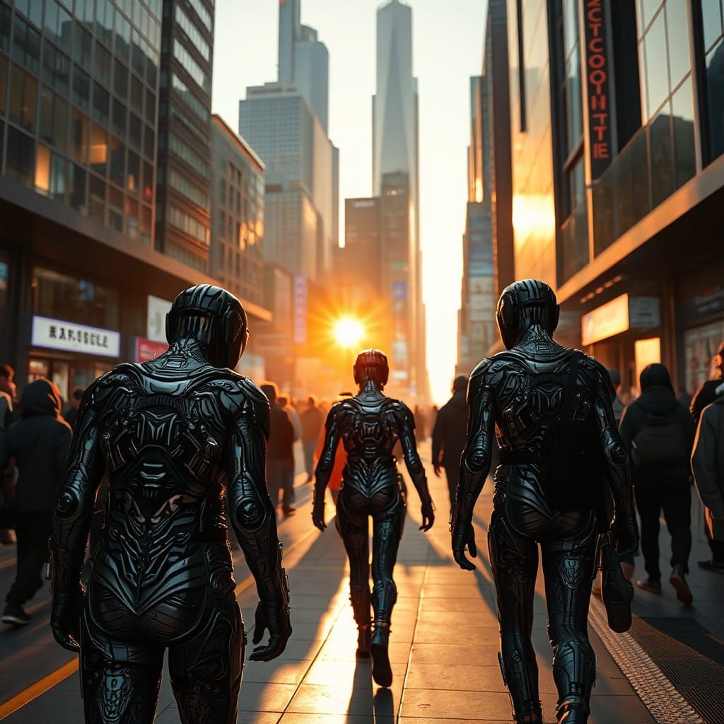 Crowded City Street Scene in Cyberpunk Style