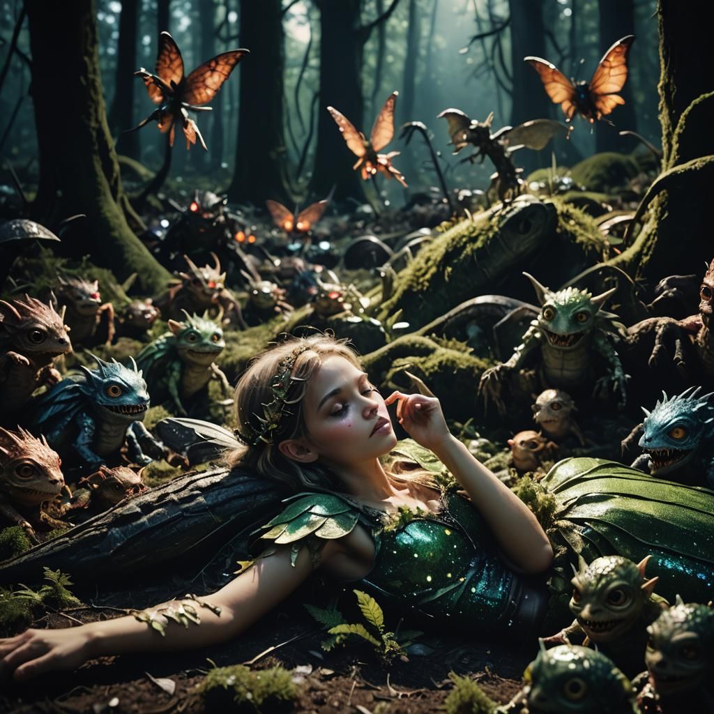 Luminous Fairy Sleeping in Dark Forest