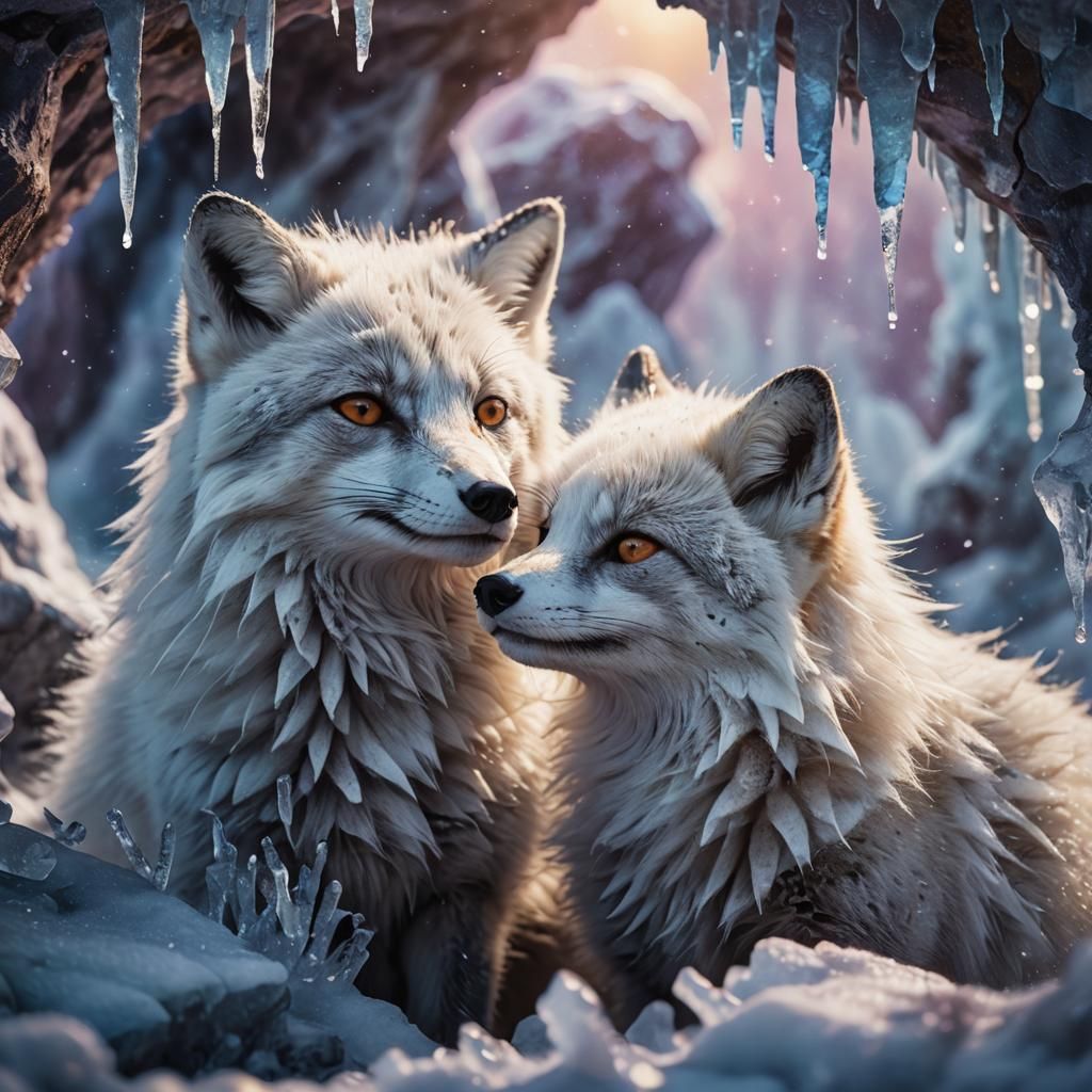 Arctic Foxes Nuzzling in Frozen Cave