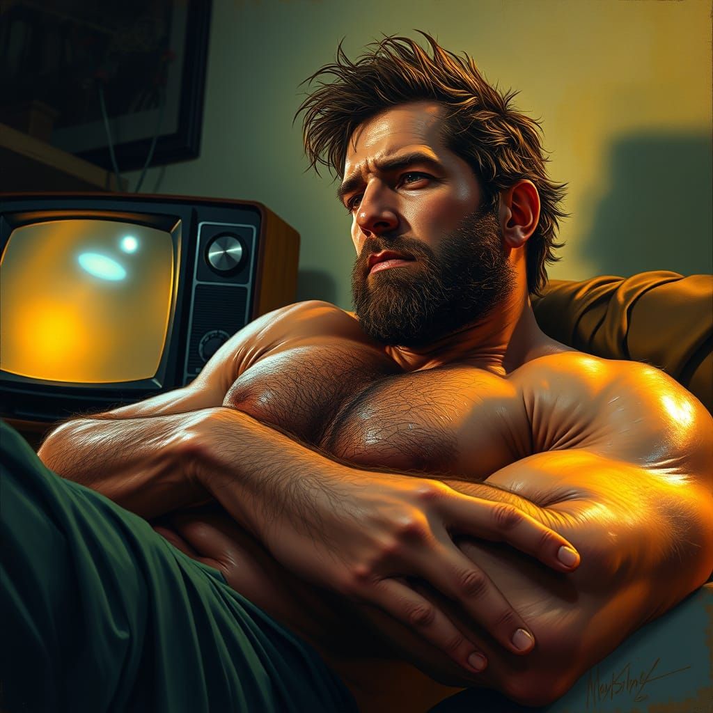 Muscular Man Slumped Bored on Couch in Golden Hour