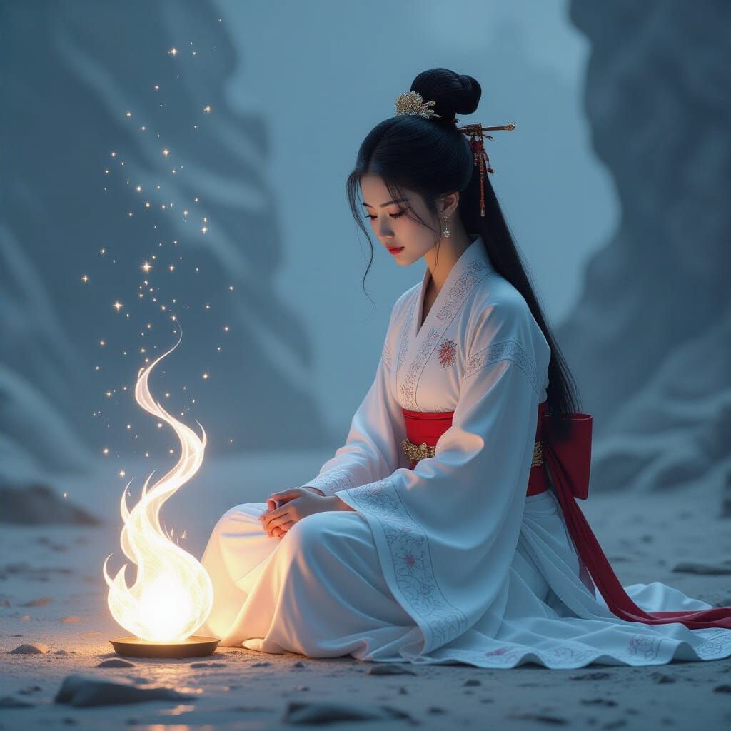 Asian Princess Conjures Sakura Flower in Charcoal Drawing