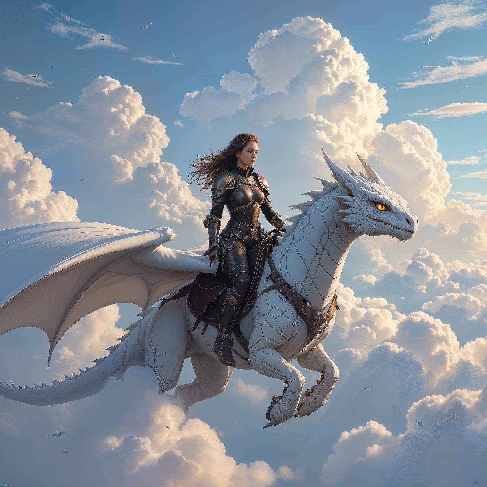 White Dragon and Rider Fly Through Clouds