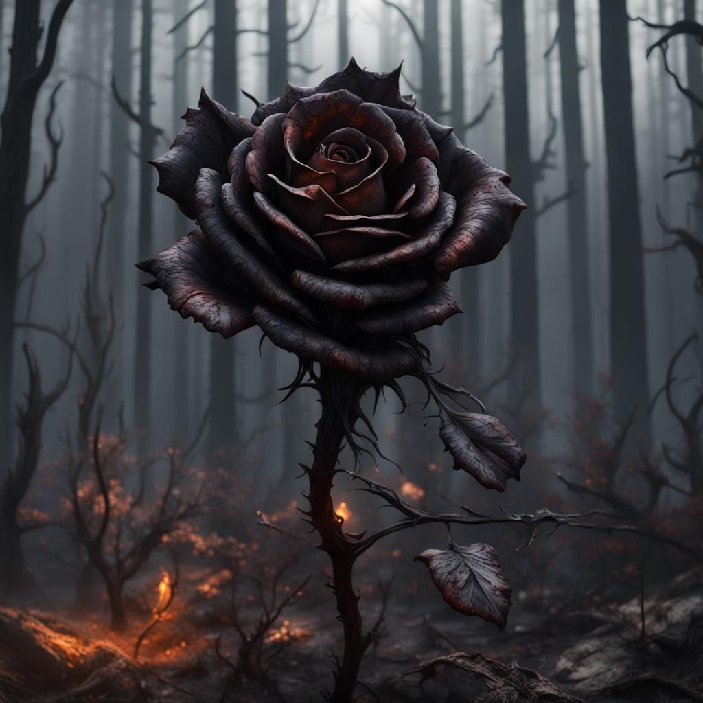 Withered Black Rose in Burnt Forest, Detailed Matte Painting