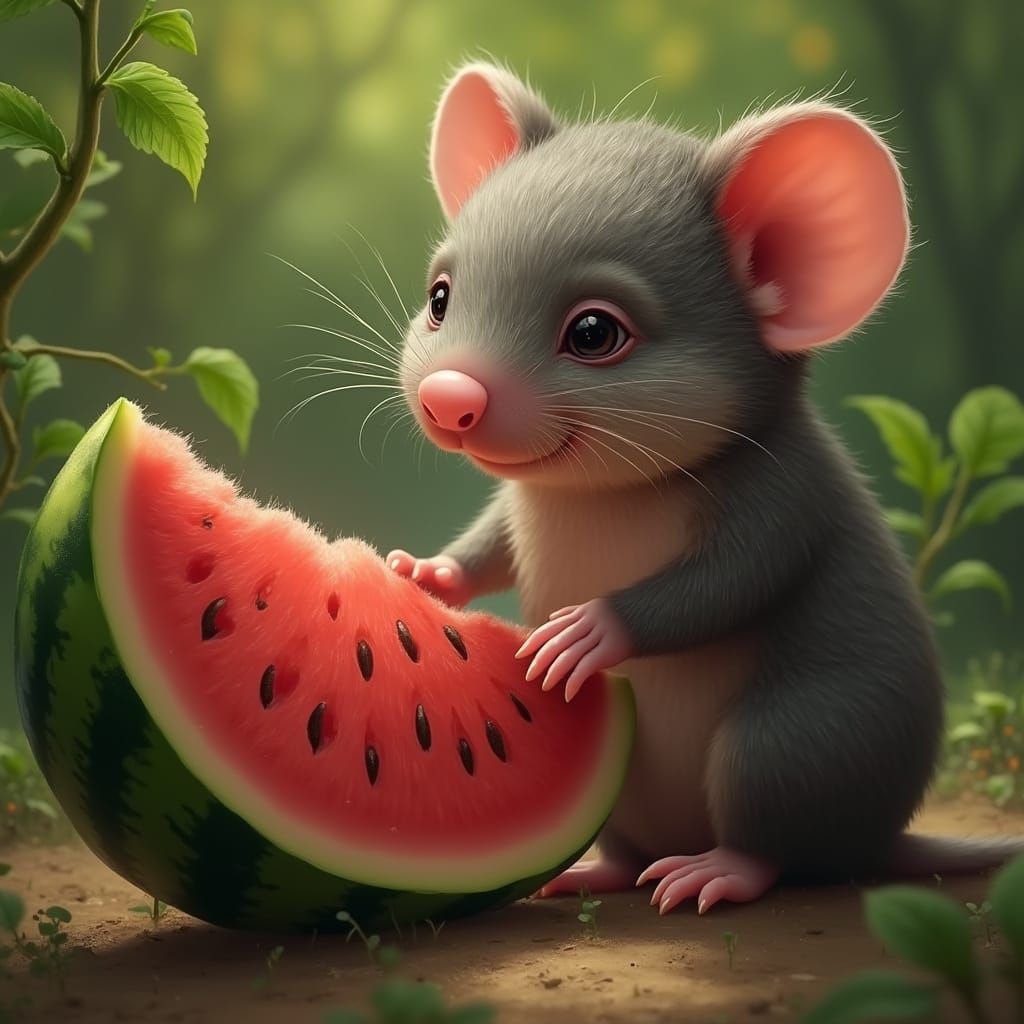 Chubby Baby Rodent Admires Luscious Watermelon on Vine in Hy...