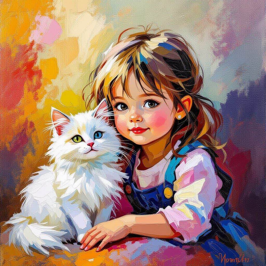 Charming Girl and Cat in Neo-Impressionist Oil Painting