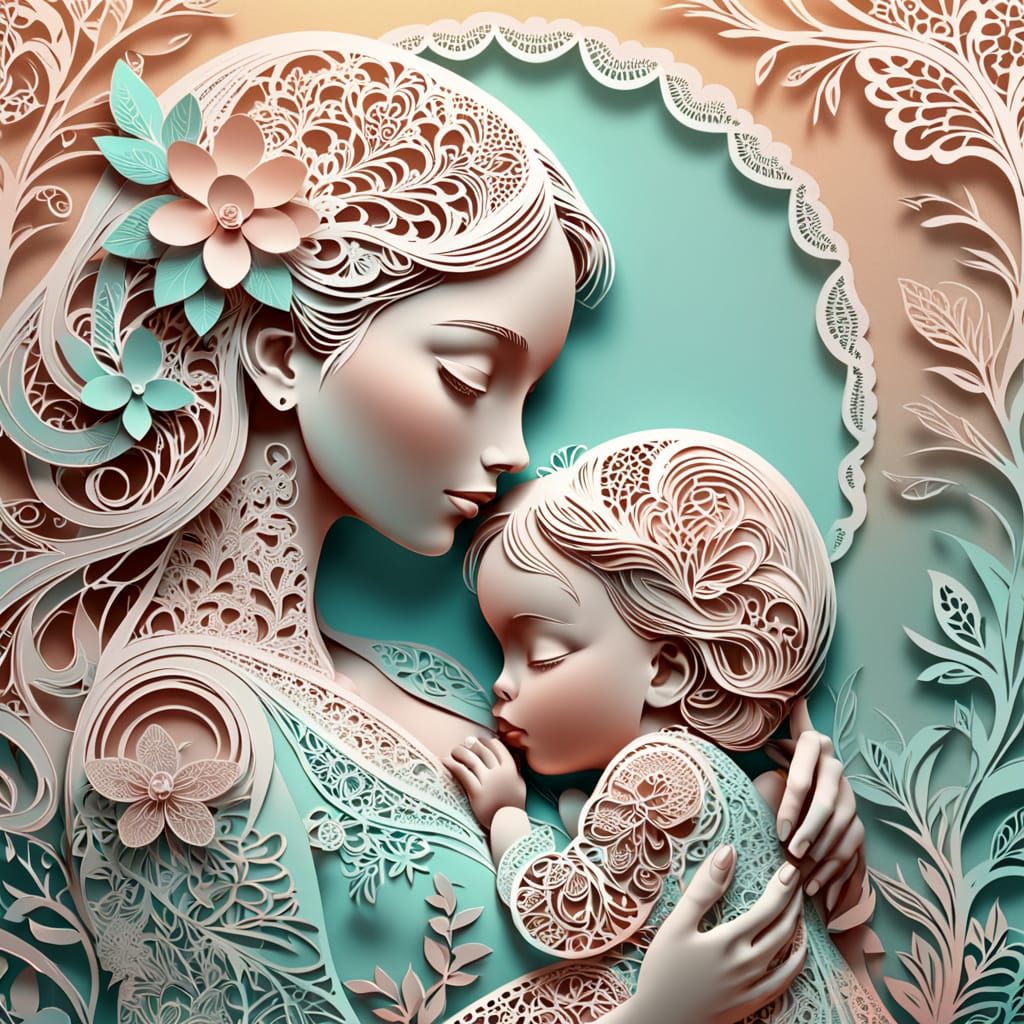Whimsical Mother and Baby Digital Paper Cut Art