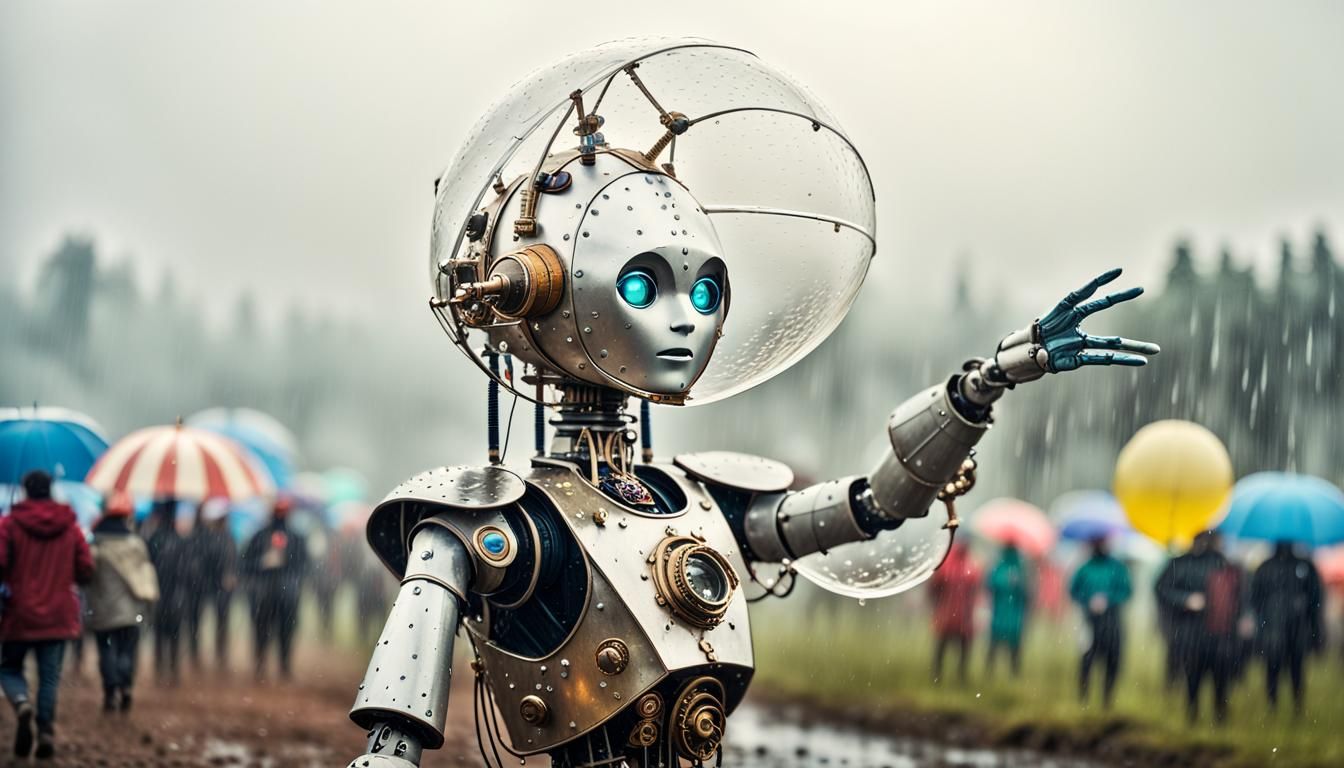 Art Nouveau Steampunk Robot in Rainy Galicia