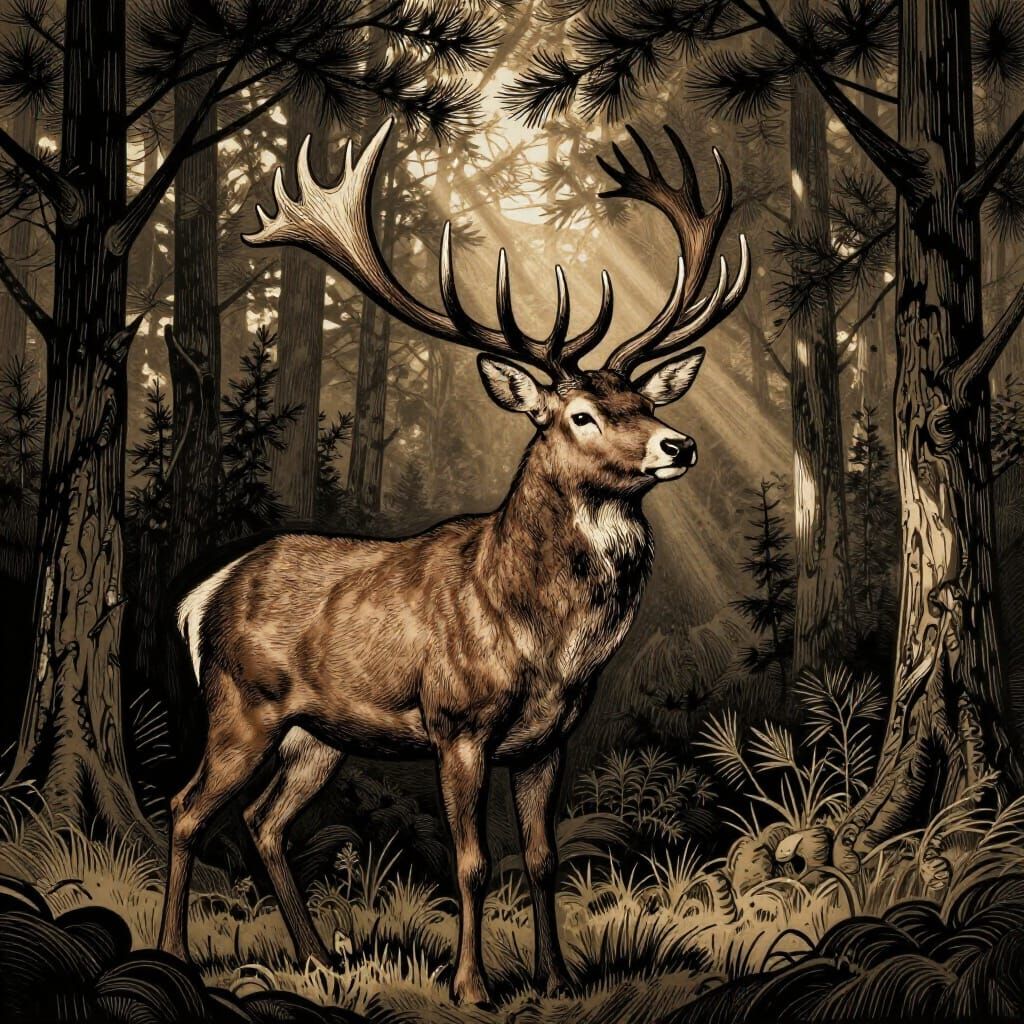 Majestic Deer in Sunlit Forest, Woodcut Style