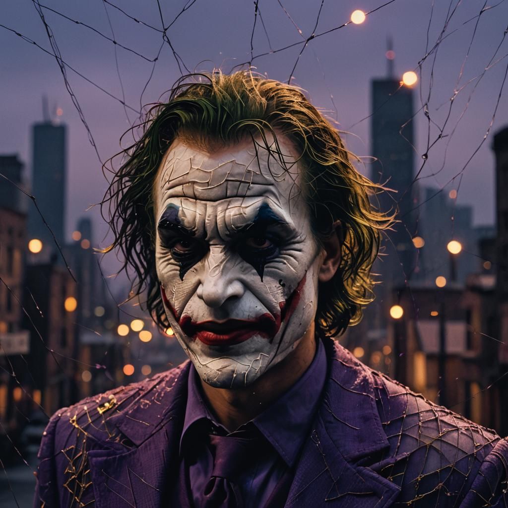 String Art Joker in Dark Cityscape: Film Noir
