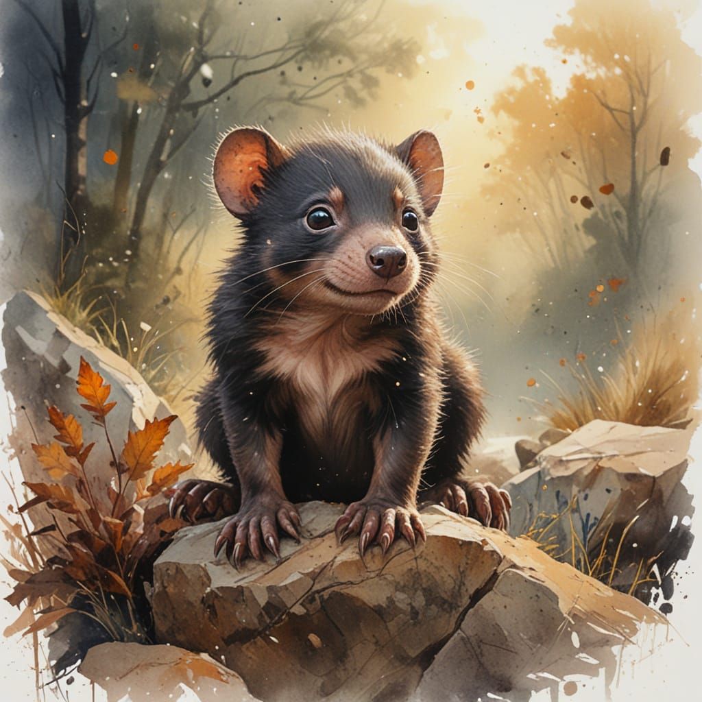 Adorable Tasmanian Devil Pup in Dusky Forest